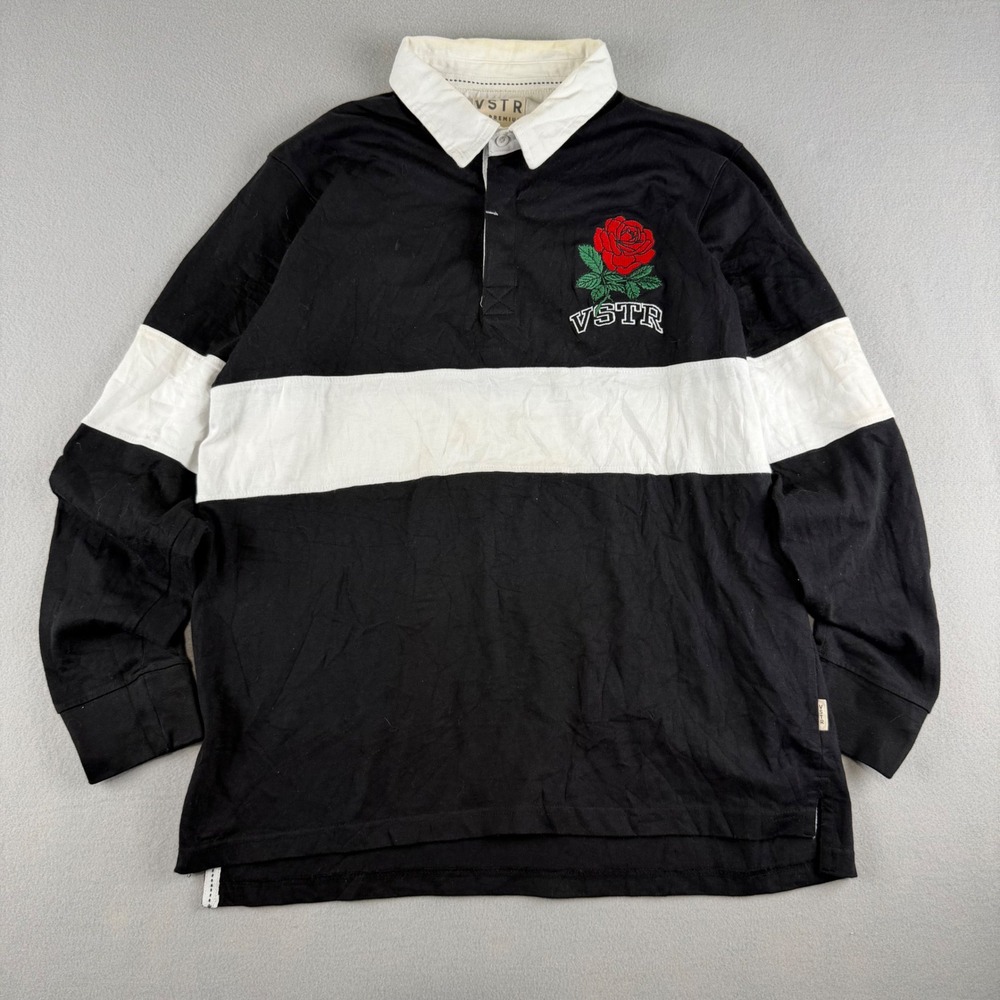 VSTR Premium Mens Long Sleeve Rugby Shirt Black White Rose Embroidered Size M